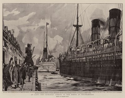 Por fin, el Aurania llegando a su muelle en Southampton de Charles Edward Dixon